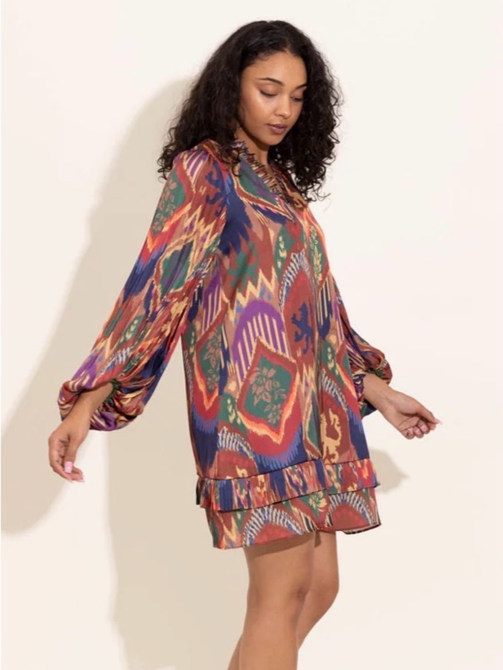 Alden Adair Liza Dress In Royal Ikat Mini Dress with Bishop Sleeves